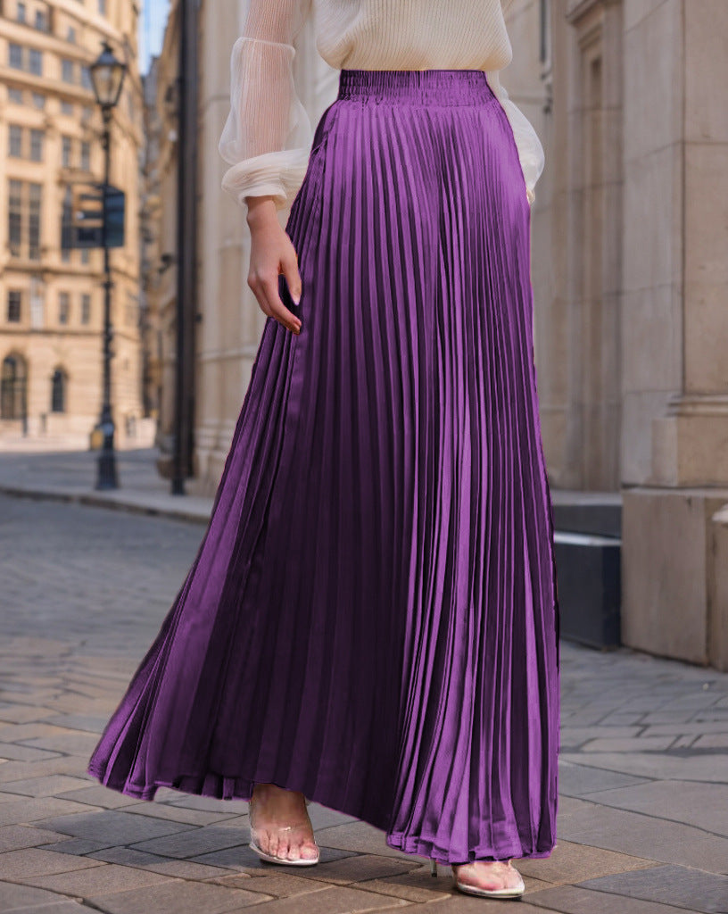 Women's Pleated Flowing Satin Maxi Skirt with Elastic Waistband