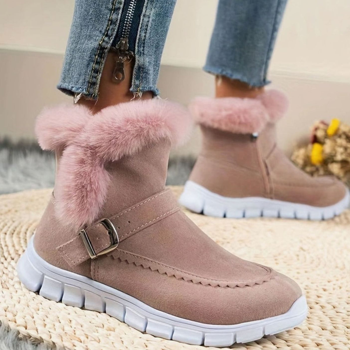 Women's Plush-Trimmed Buckle Ankle Snow Boots