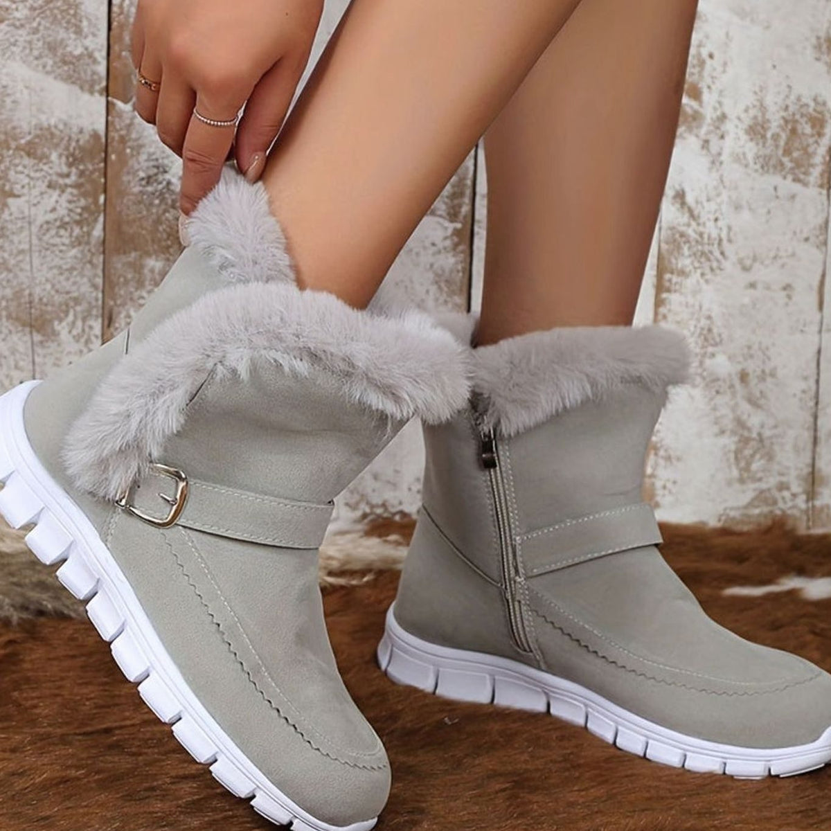 Women's Plush-Trimmed Buckle Ankle Snow Boots