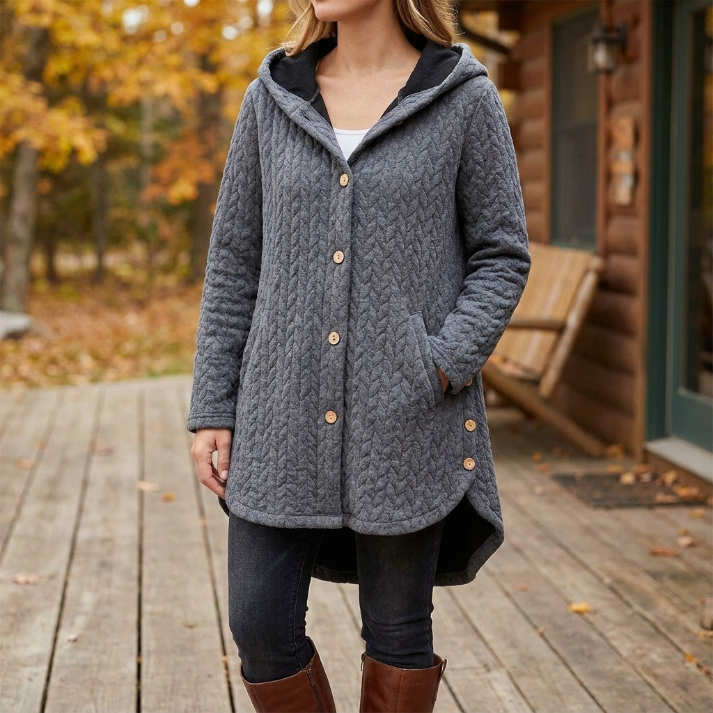 Women's Quilted Hooded Jacket with Button Closure