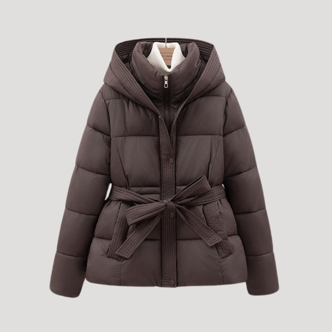 Women's Quilted Jacket with Hood, Belt, High Collar, and Pockets