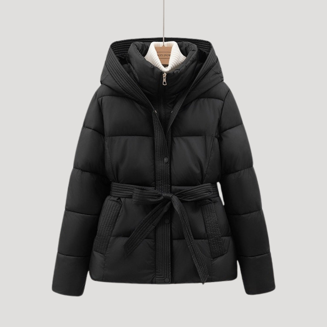 Women's Quilted Jacket with Hood, Belt, High Collar, and Pockets