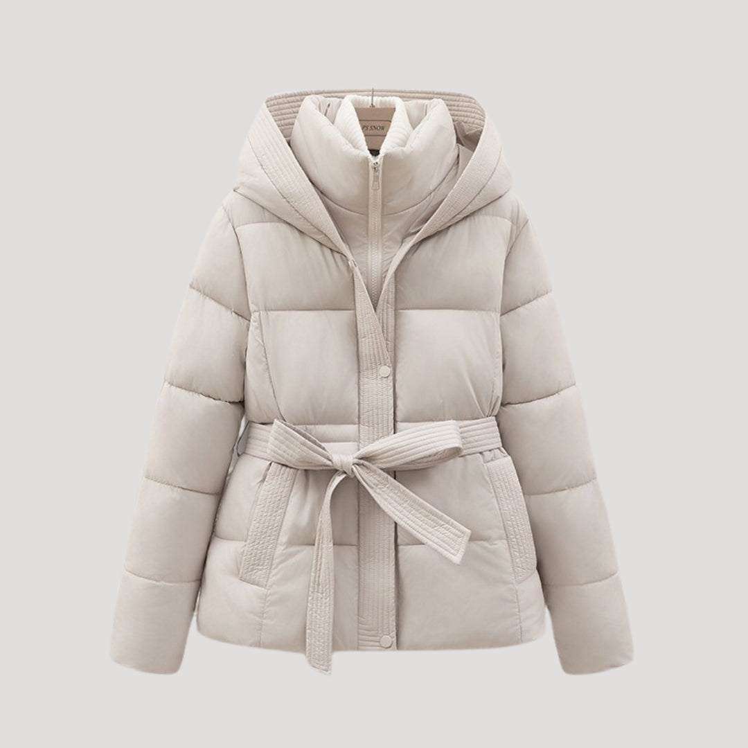 Women's Quilted Jacket with Hood, Belt, High Collar, and Pockets