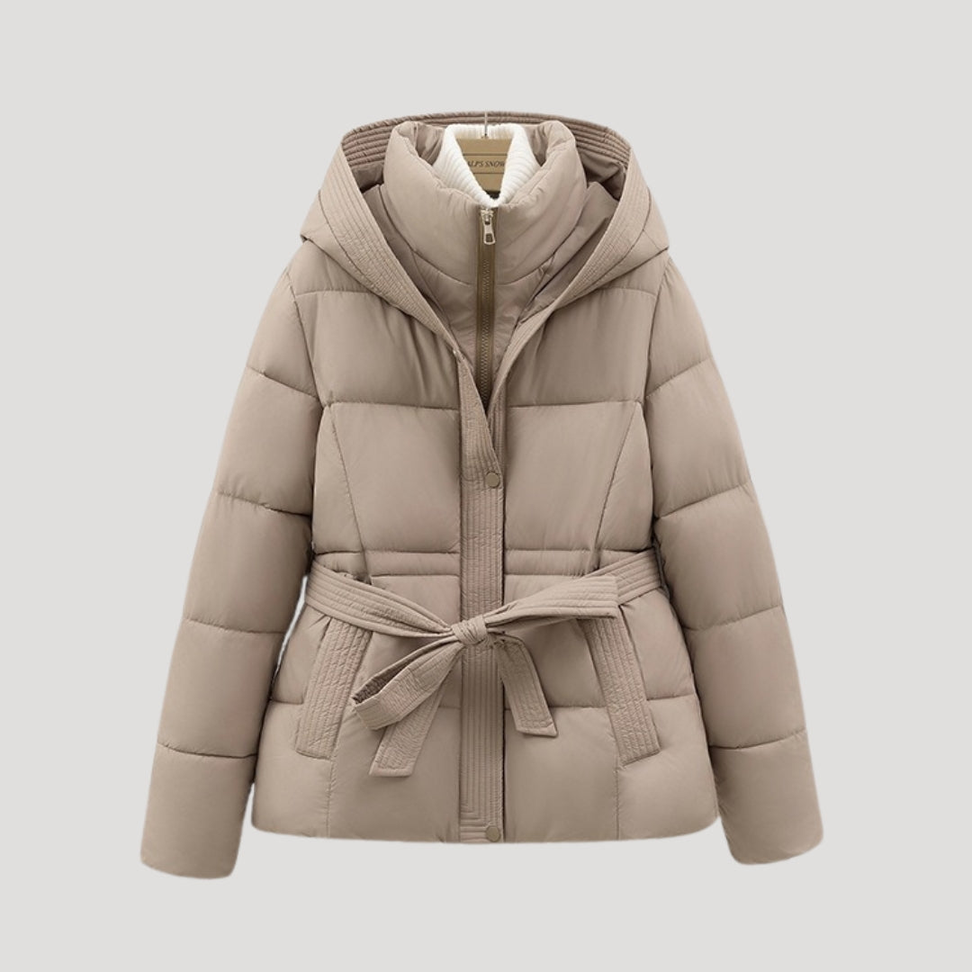 Women's Quilted Jacket with Hood, Belt, High Collar, and Pockets