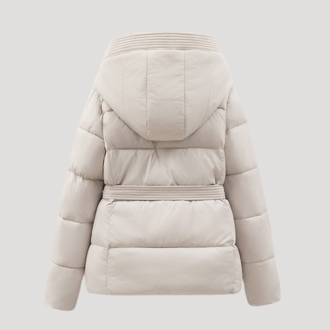Women's Quilted Jacket with Hood, Belt, High Collar, and Pockets