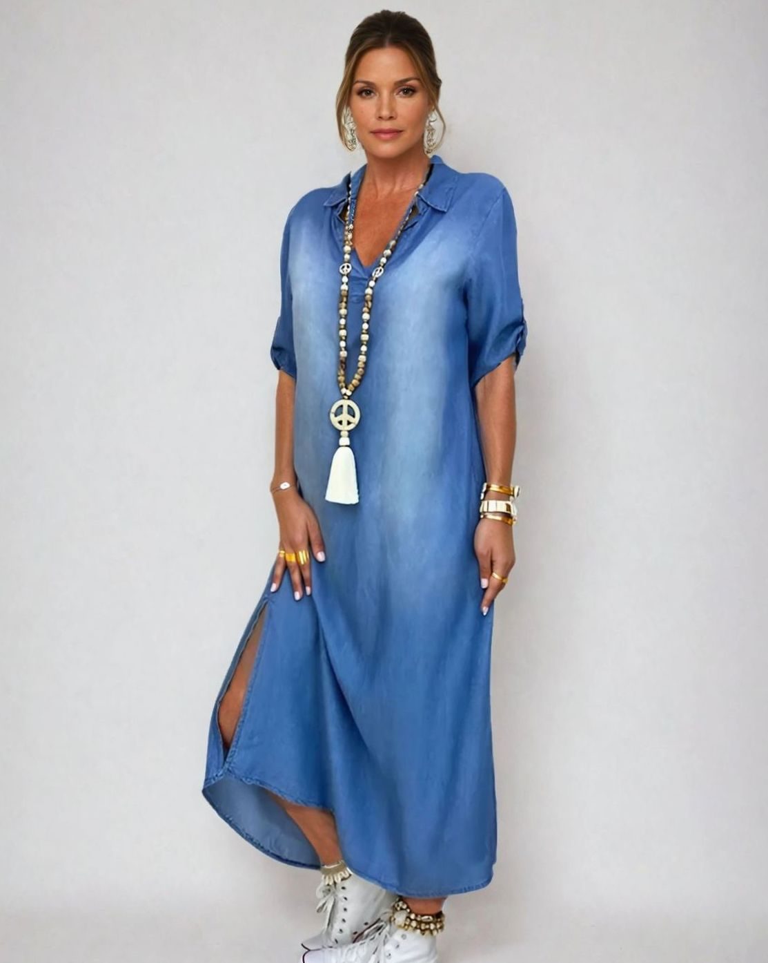 Women's Relaxed-Fit Denim-Look Maxi Shirt Dress with Side Slit