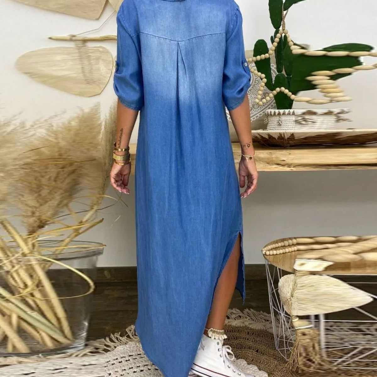 Women's Relaxed-Fit Denim-Look Maxi Shirt Dress with Side Slit