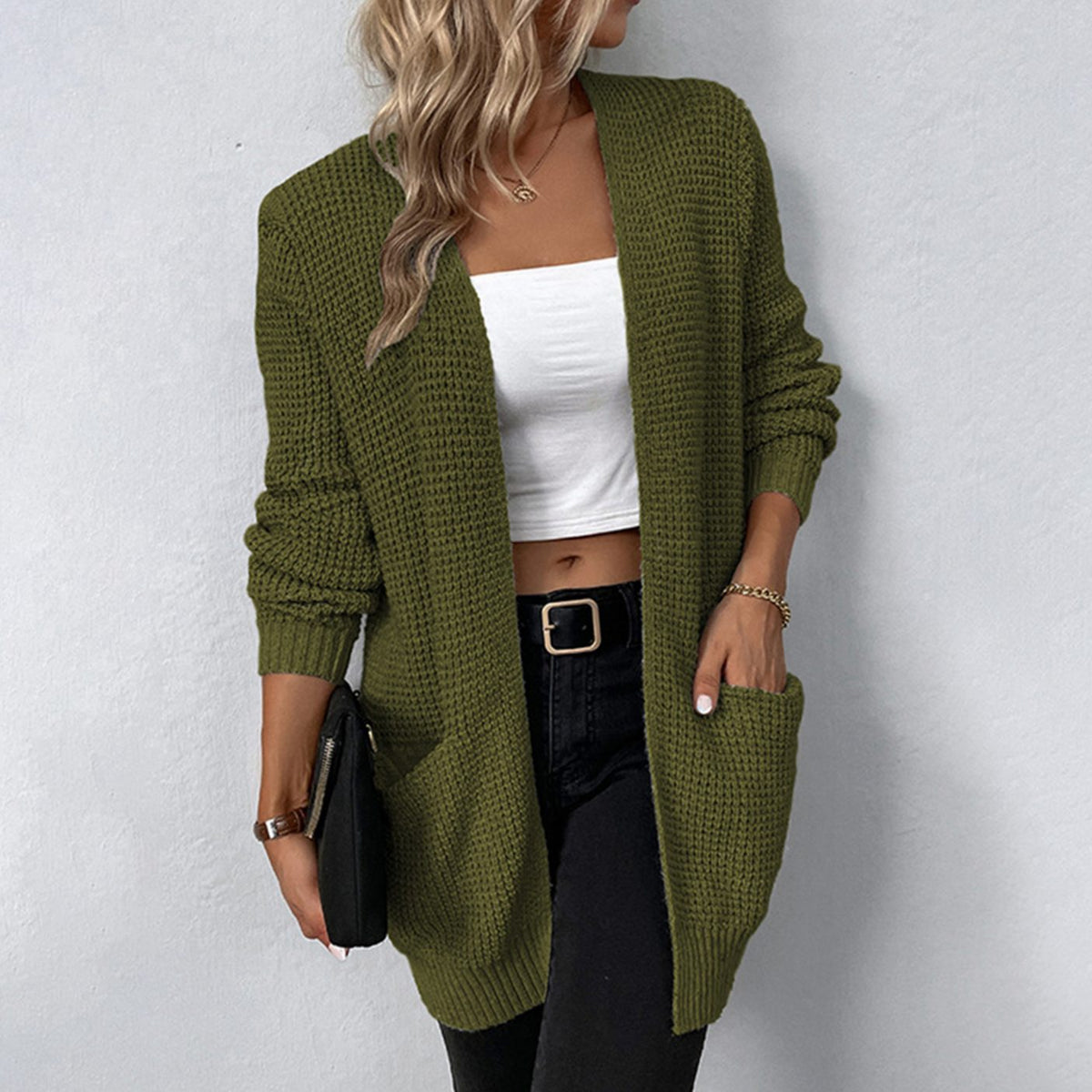 Women's Relaxed-Fit Open-Front Knit Winter Cardigan with Patch Pockets