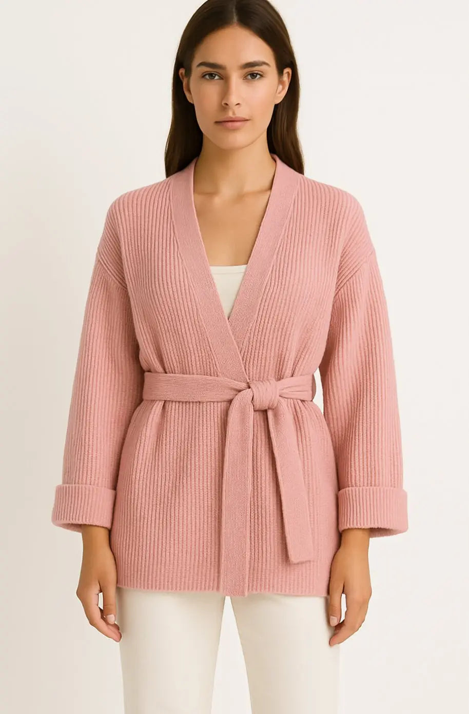 Women's Ribbed Knit Belted Wrap V-Neck Cardigan