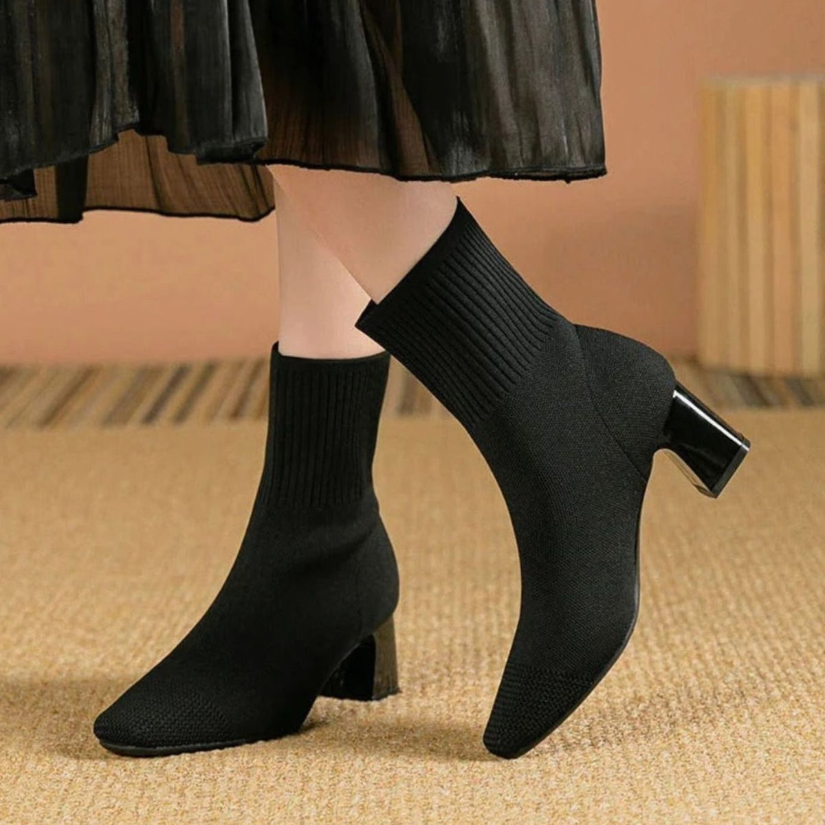 Women's Ribbed Knit Slip-On Block Heel Ankle Boots
