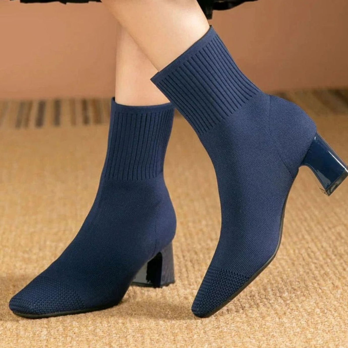 Women's Ribbed Knit Slip-On Block Heel Ankle Boots