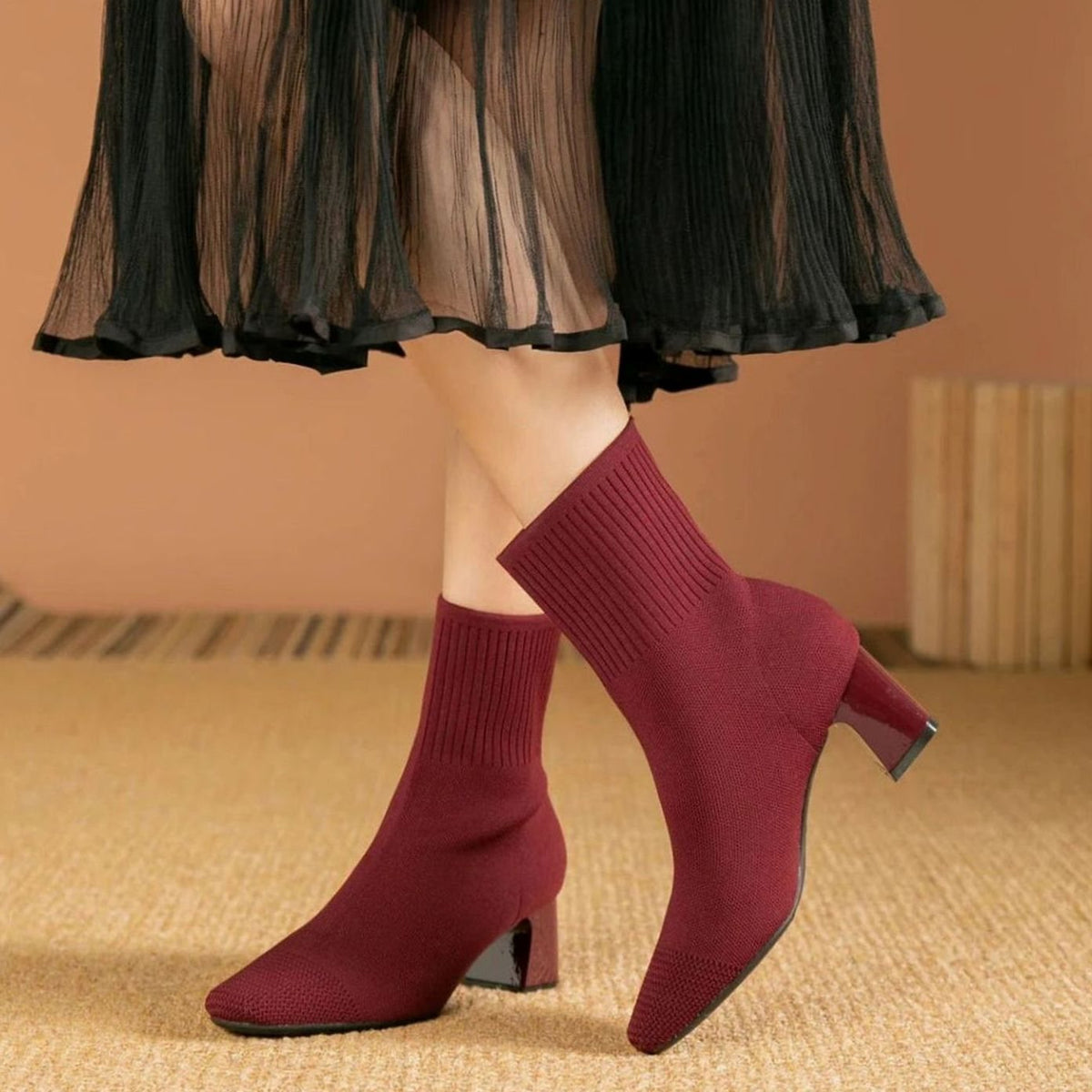 Women's Ribbed Knit Slip-On Block Heel Ankle Boots