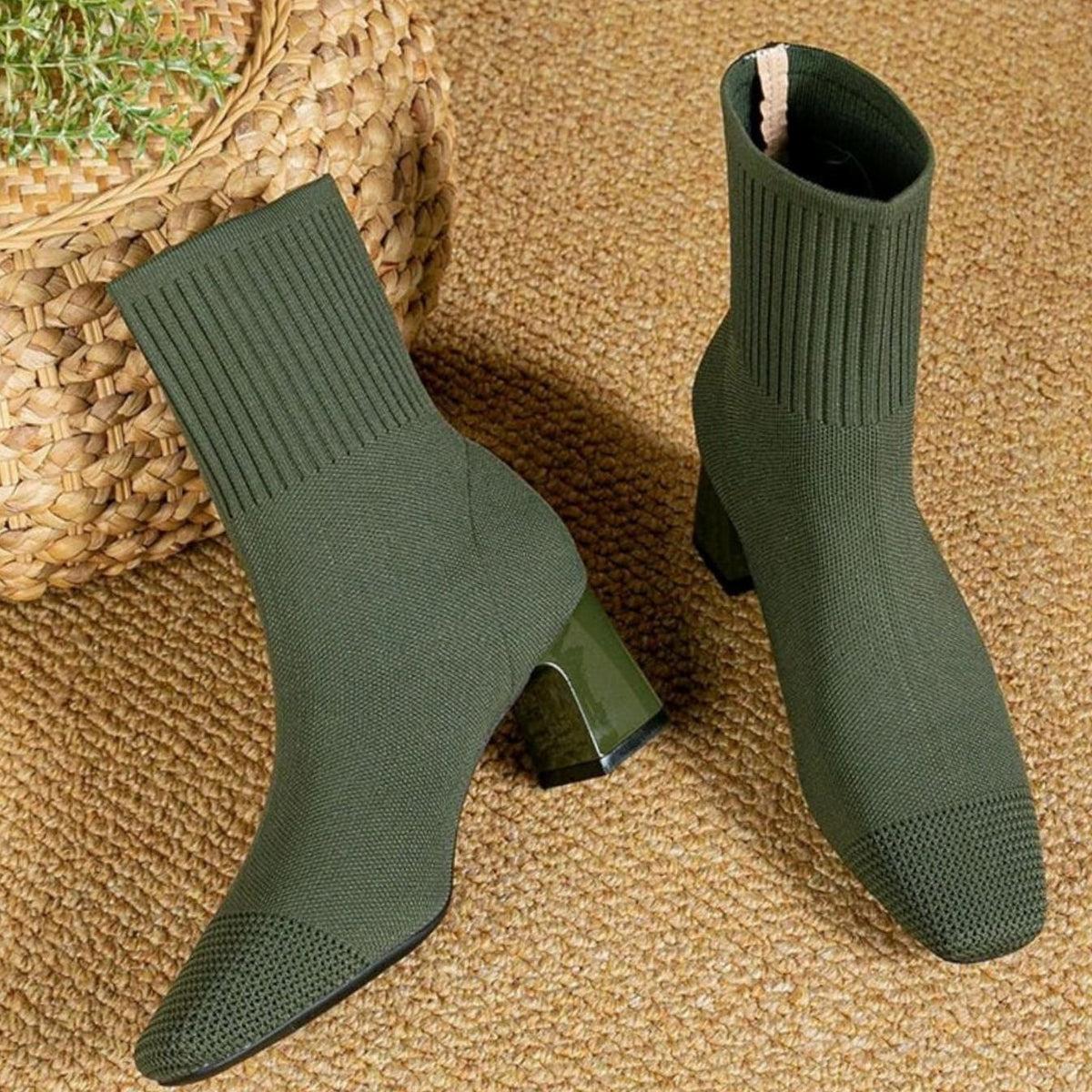 Women's Ribbed Knit Slip-On Block Heel Ankle Boots