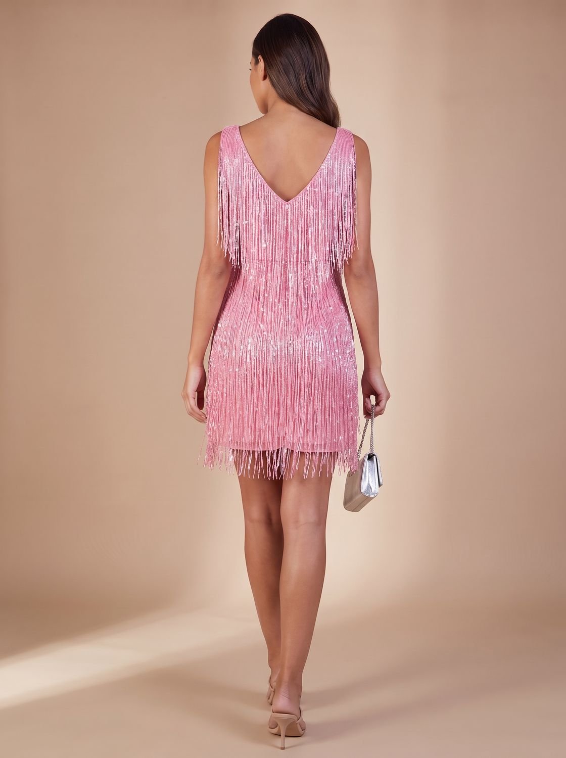 Women's Sequin Fringe V-Neck Sleeveless Mini Christmas Party Dress
