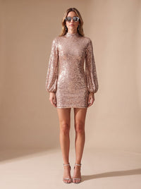 Women's Sequin Long-Sleeve High-Neck Mini Party Dress