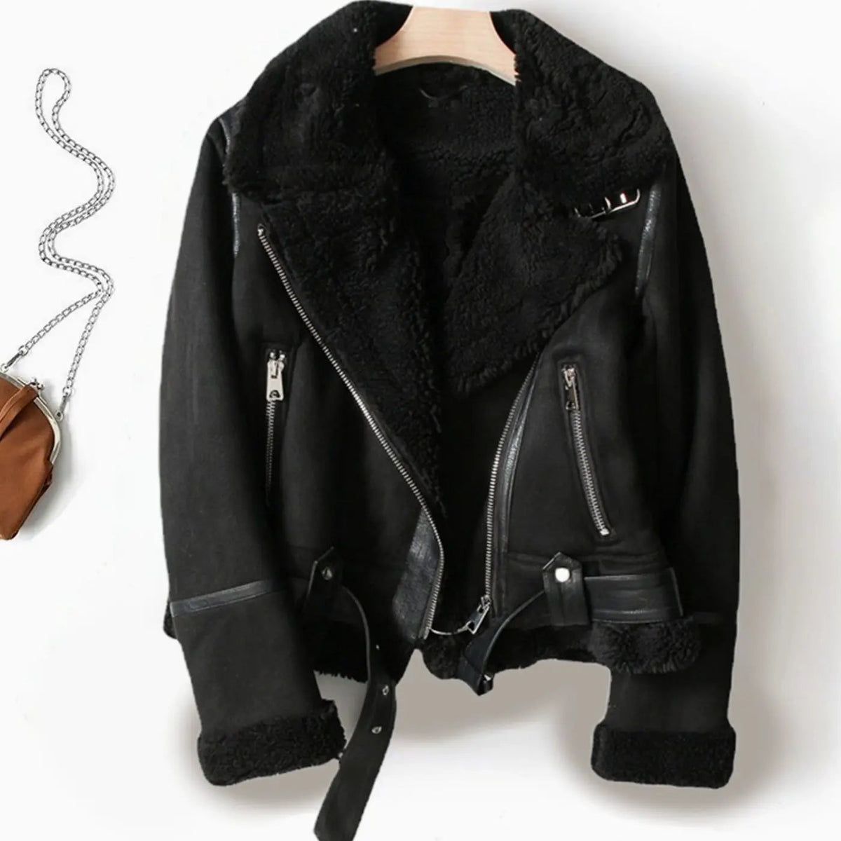 Women's Shearling-Lined Belted Suede Moto Jacket