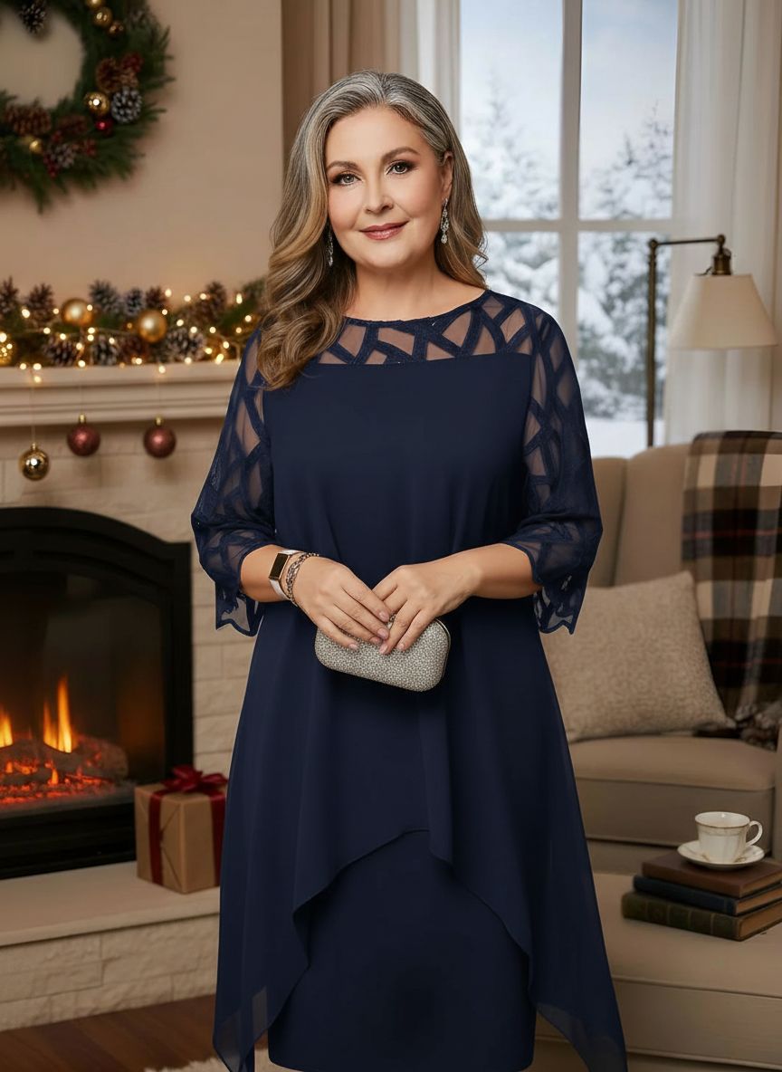 Women's Sheer-Sleeve Shift Midi Dress