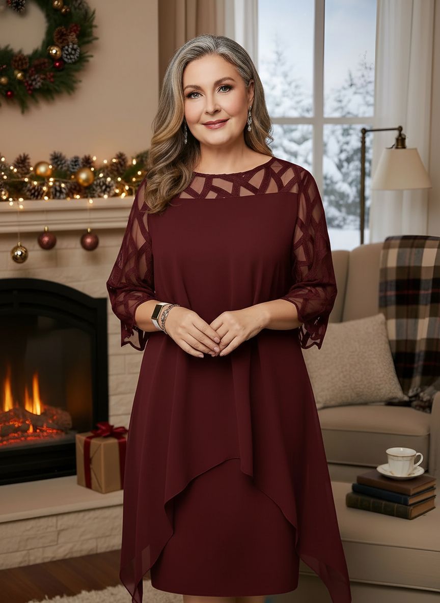 Women's Sheer-Sleeve Shift Midi Dress
