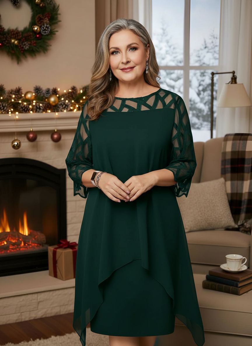 Women's Sheer-Sleeve Shift Midi Dress