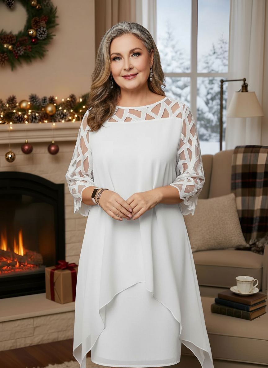 Women's Sheer-Sleeve Shift Midi Dress
