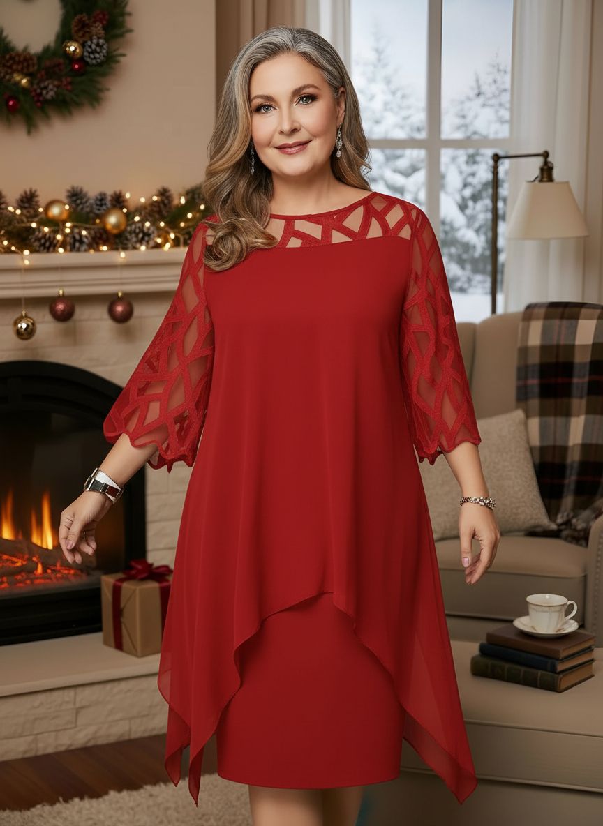 Women's Sheer-Sleeve Shift Midi Dress