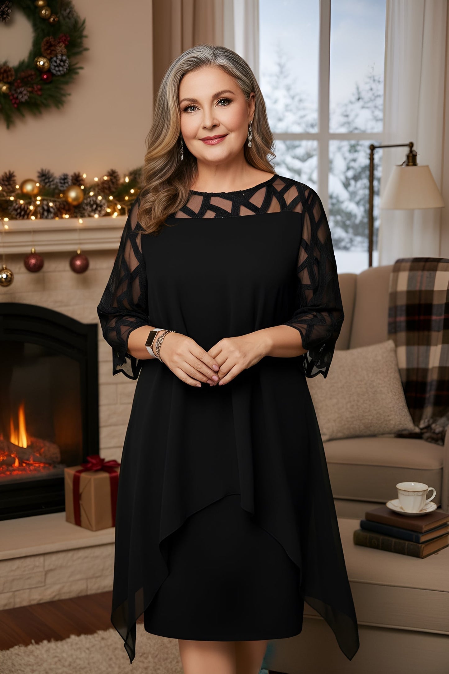 Women's Sheer-Sleeve Shift Midi Dress
