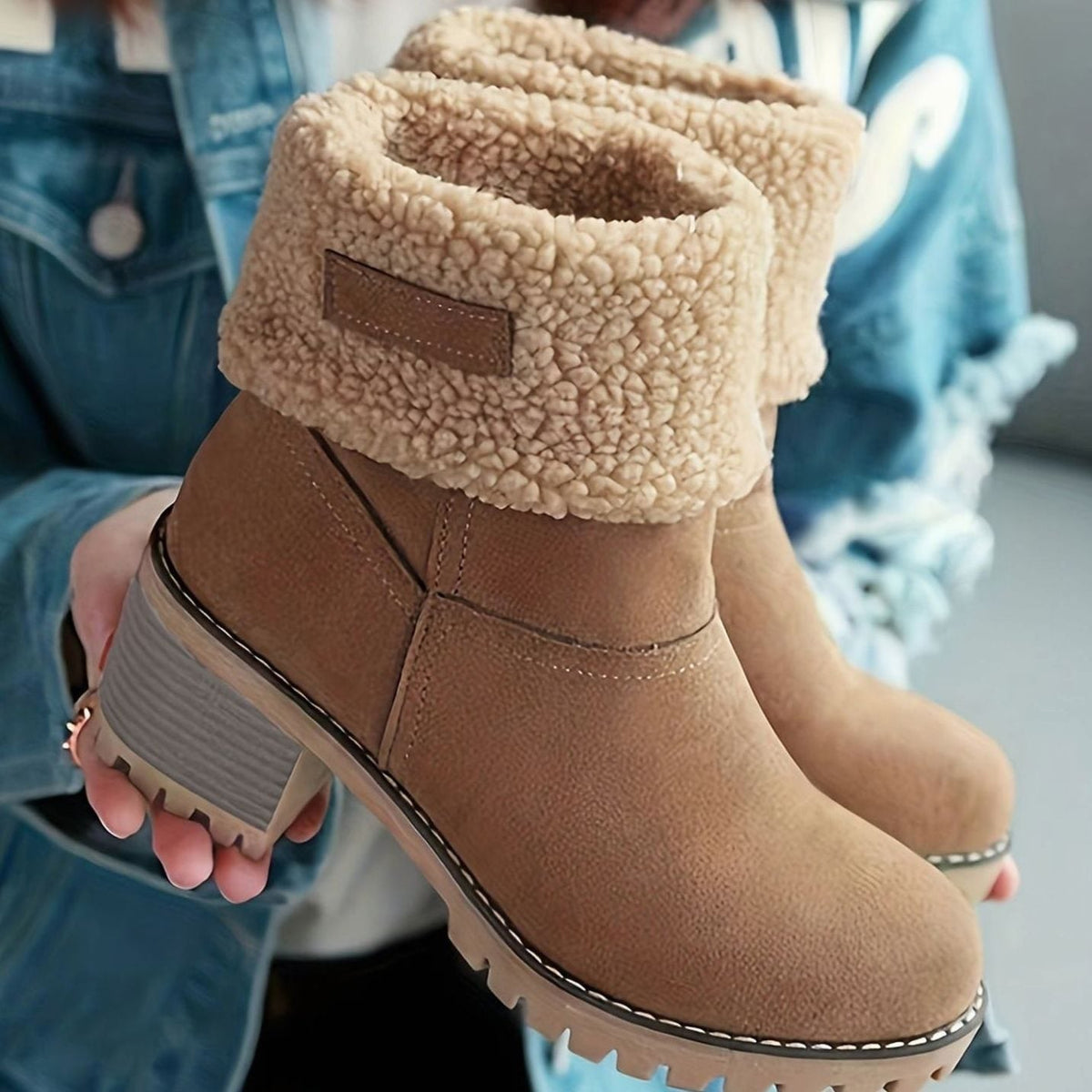 Women's Sherpa-Cuffed Block Heel Winter Snow Boots