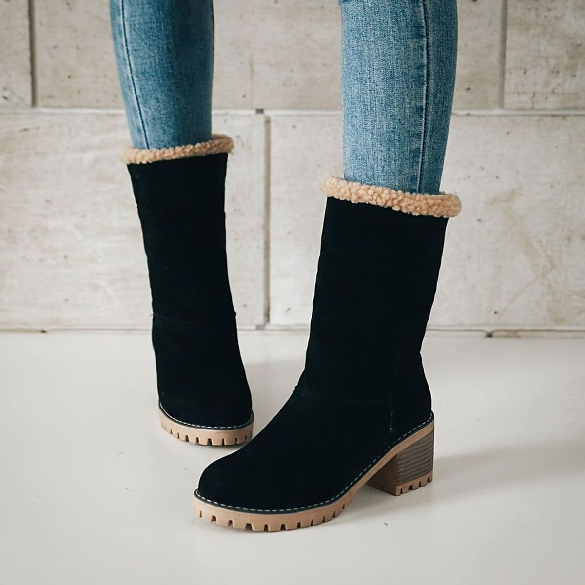 Women's Sherpa-Cuffed Block Heel Winter Snow Boots