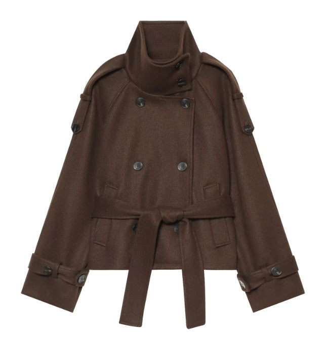 Women's Short Double-Breasted Wool Cape Coat with Stand Collar, Epaulettes, Tie Belt, and Pockets