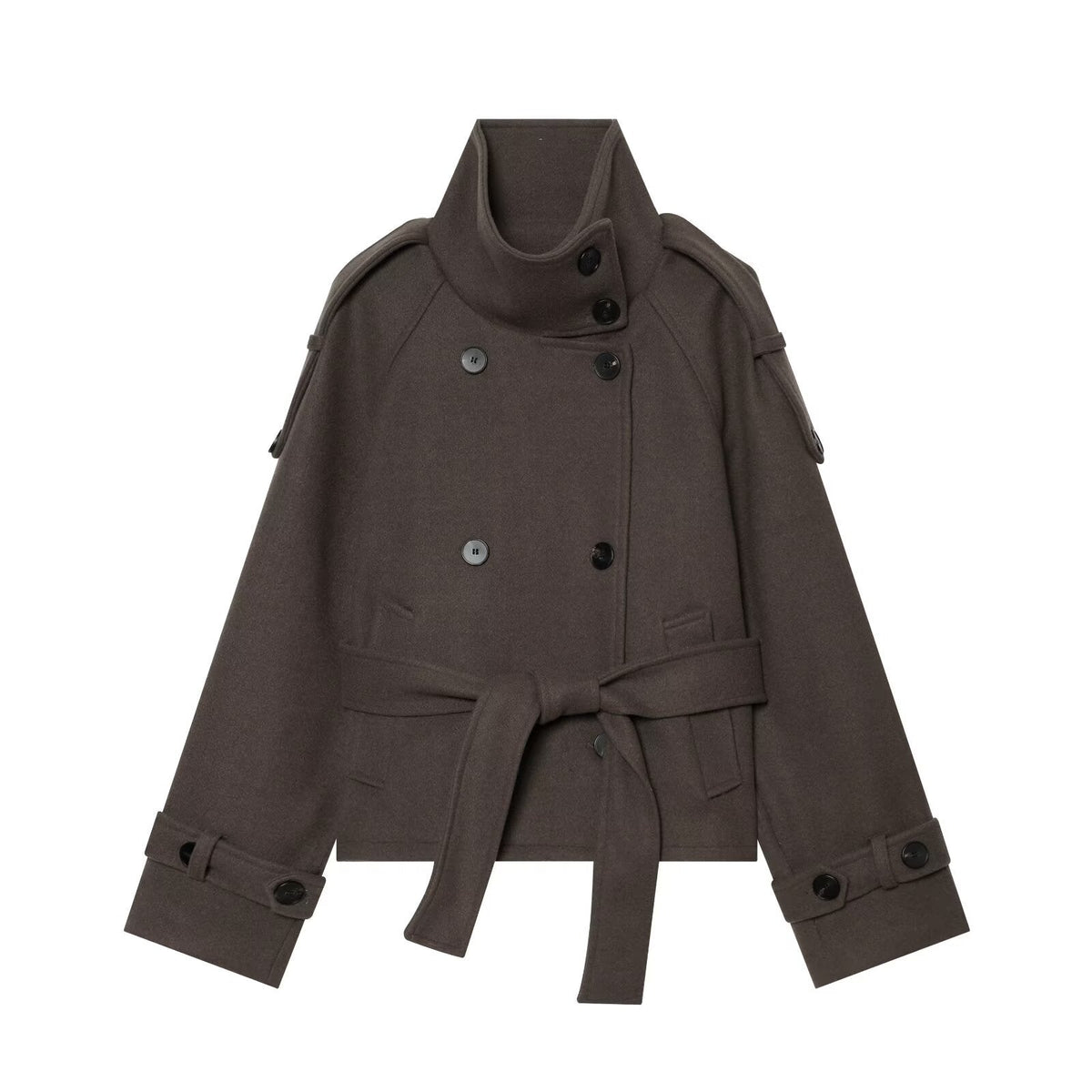 Women's Short Double-Breasted Wool Cape Coat with Stand Collar, Epaulettes, Tie Belt, and Pockets