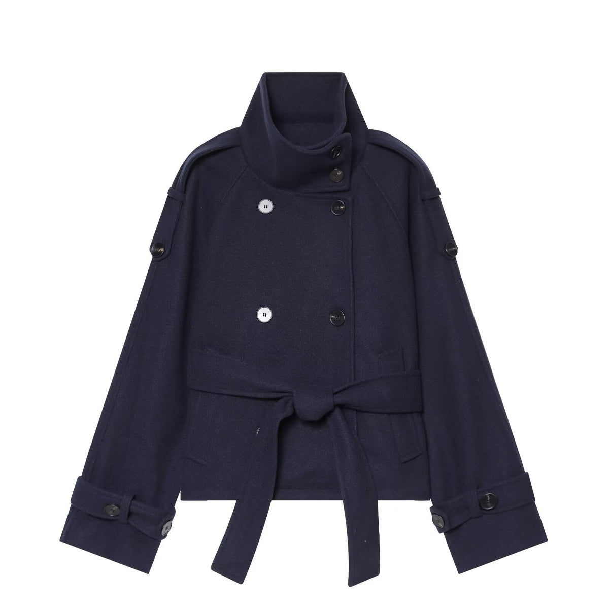 Women's Short Double-Breasted Wool Cape Coat with Stand Collar, Epaulettes, Tie Belt, and Pockets