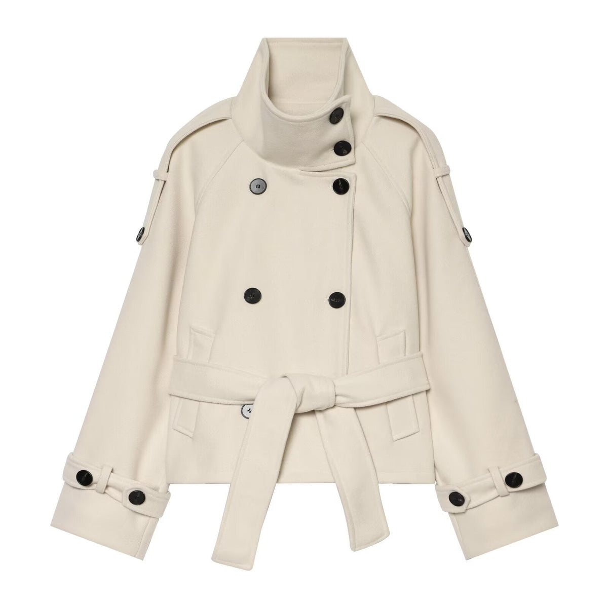 Women's Short Double-Breasted Wool Cape Coat with Stand Collar, Epaulettes, Tie Belt, and Pockets
