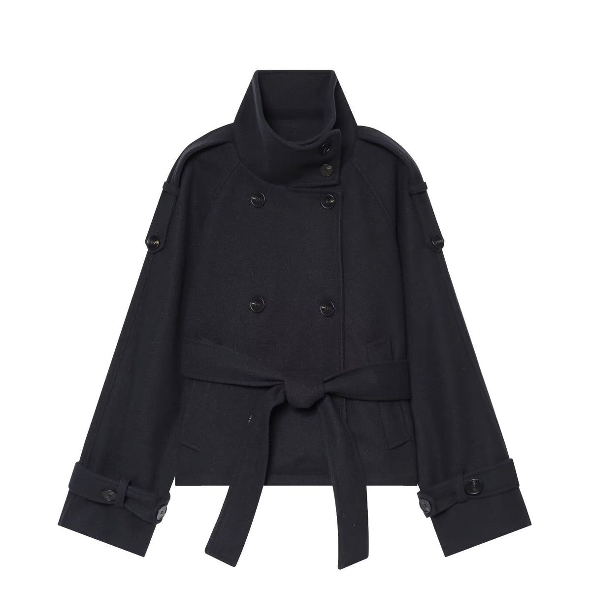Women's Short Double-Breasted Wool Cape Coat with Stand Collar, Epaulettes, Tie Belt, and Pockets