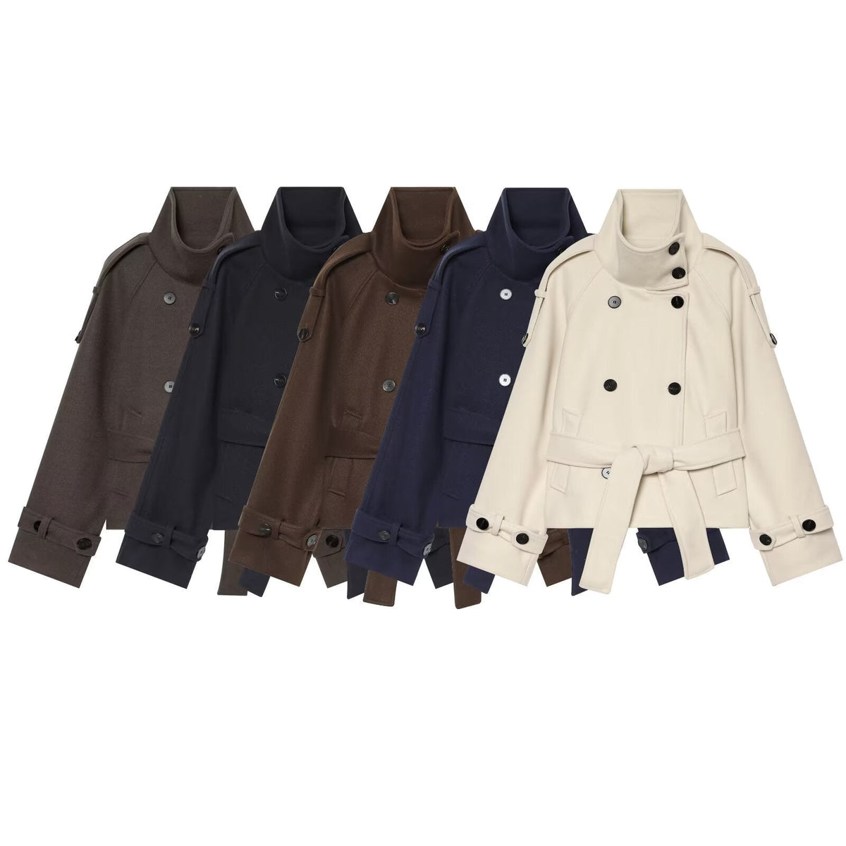 Women's Short Double-Breasted Wool Cape Coat with Stand Collar, Epaulettes, Tie Belt, and Pockets