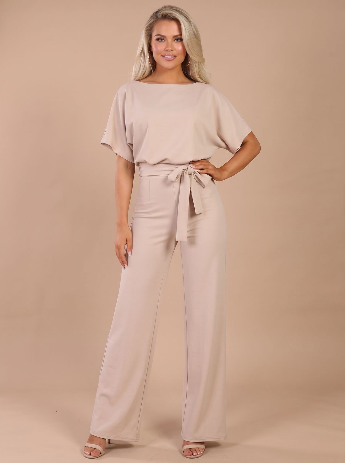 Women's Short-Sleeve Wide-Leg Jumpsuit with Tie Belt