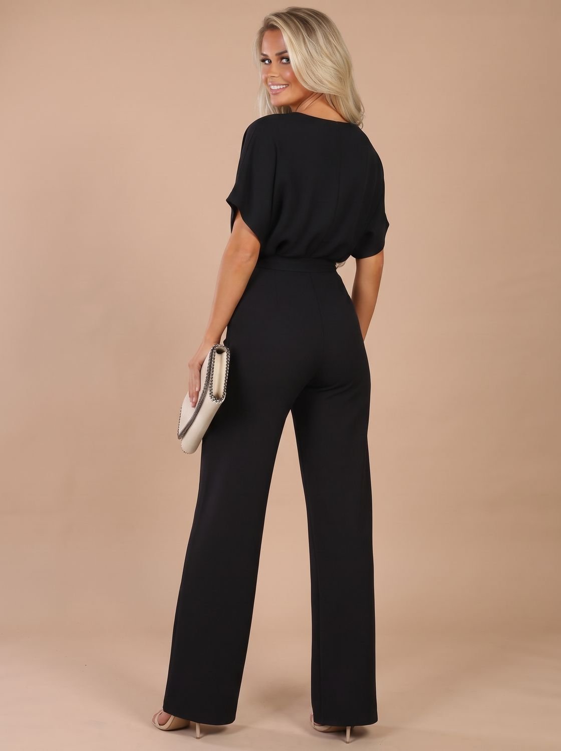 Women's Short-Sleeve Wide-Leg Jumpsuit with Tie Belt