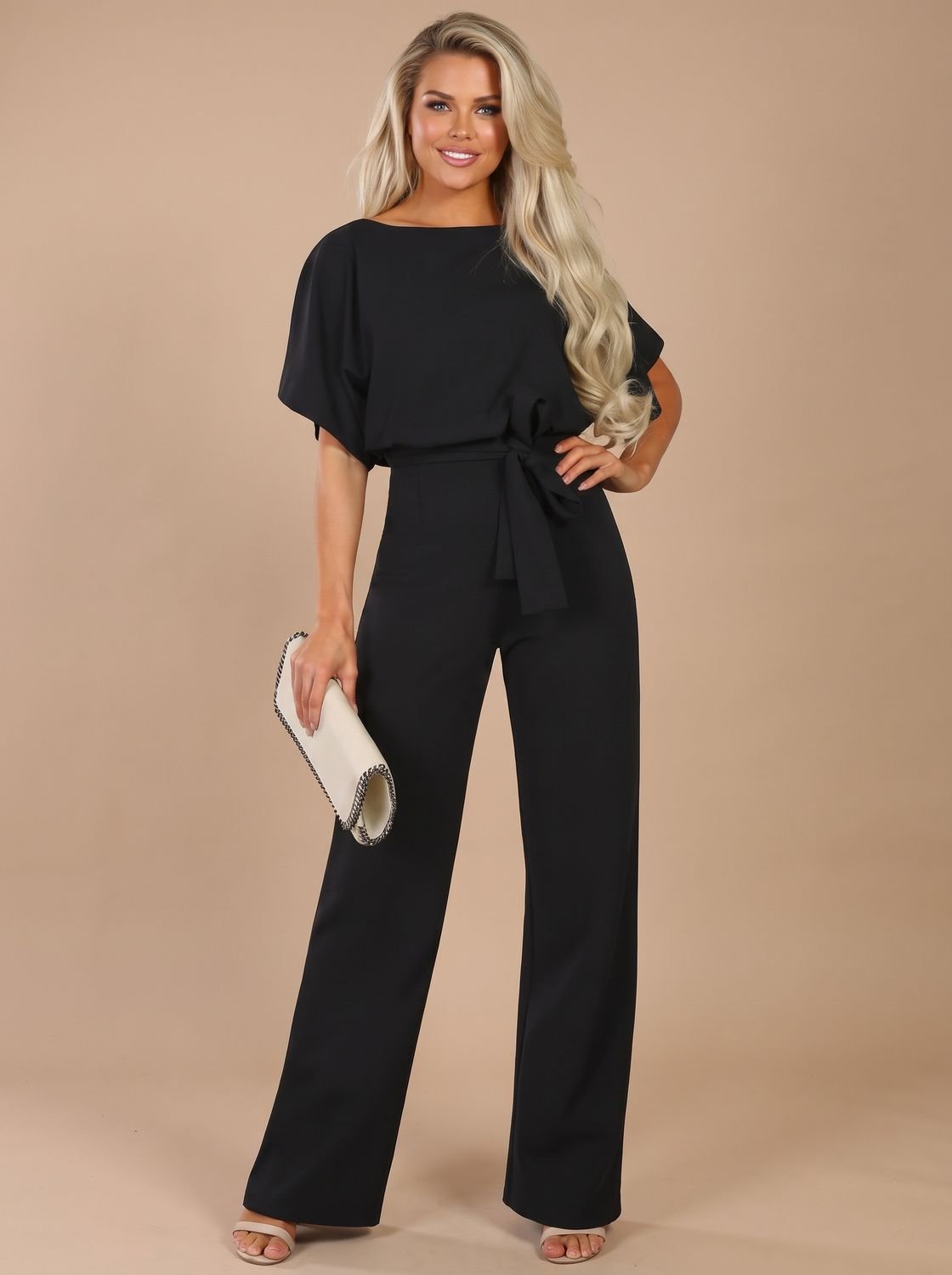 Women's Short-Sleeve Wide-Leg Jumpsuit with Tie Belt