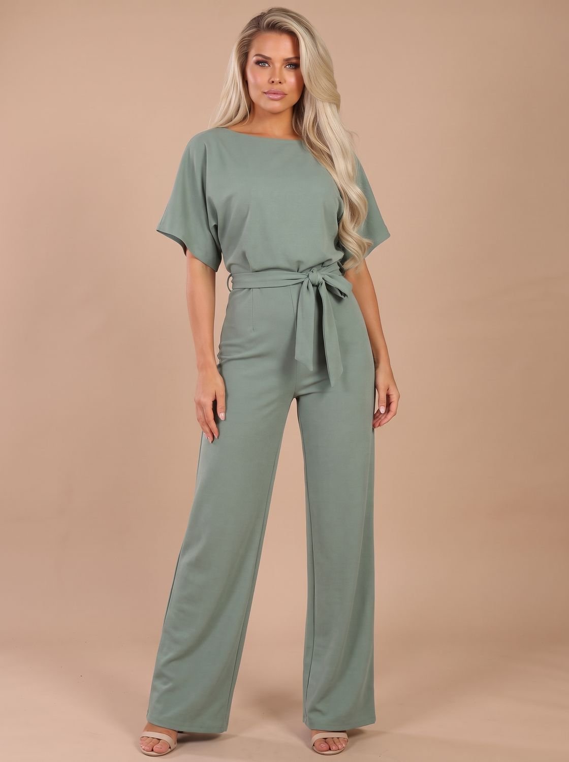 Women's Short-Sleeve Wide-Leg Jumpsuit with Tie Belt