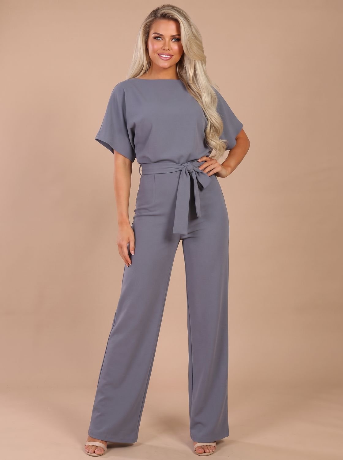 Women's Short-Sleeve Wide-Leg Jumpsuit with Tie Belt