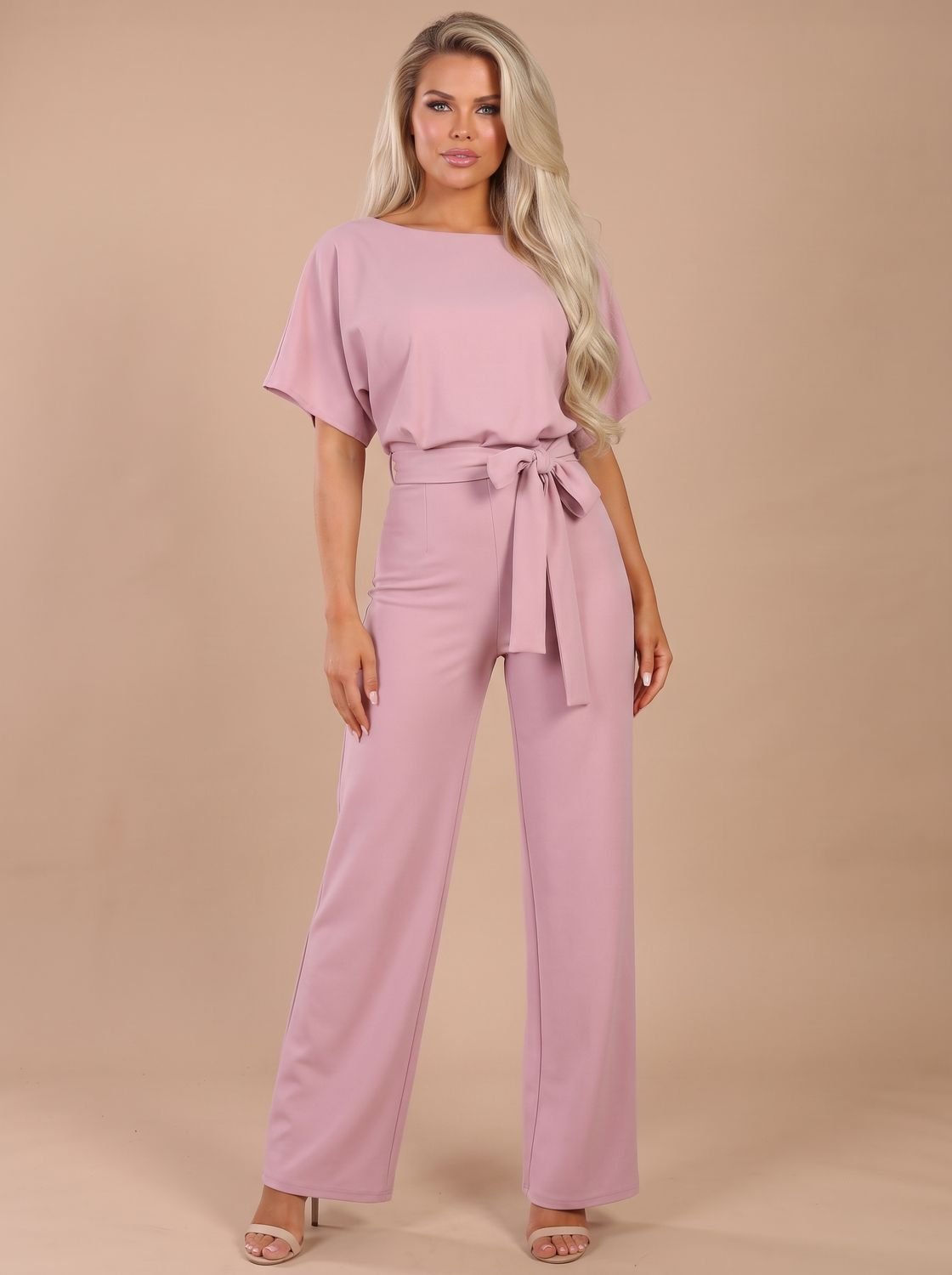 Women's Short-Sleeve Wide-Leg Jumpsuit with Tie Belt