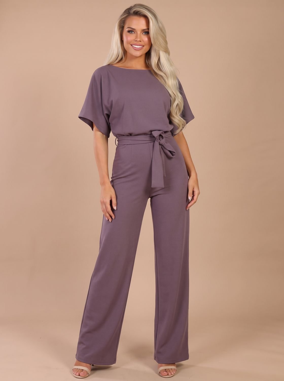 Women's Short-Sleeve Wide-Leg Jumpsuit with Tie Belt