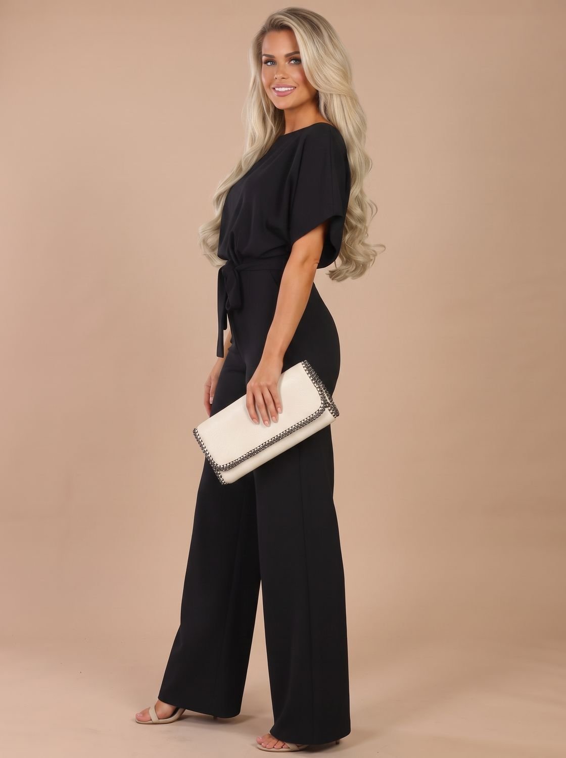 Women's Short-Sleeve Wide-Leg Jumpsuit with Tie Belt