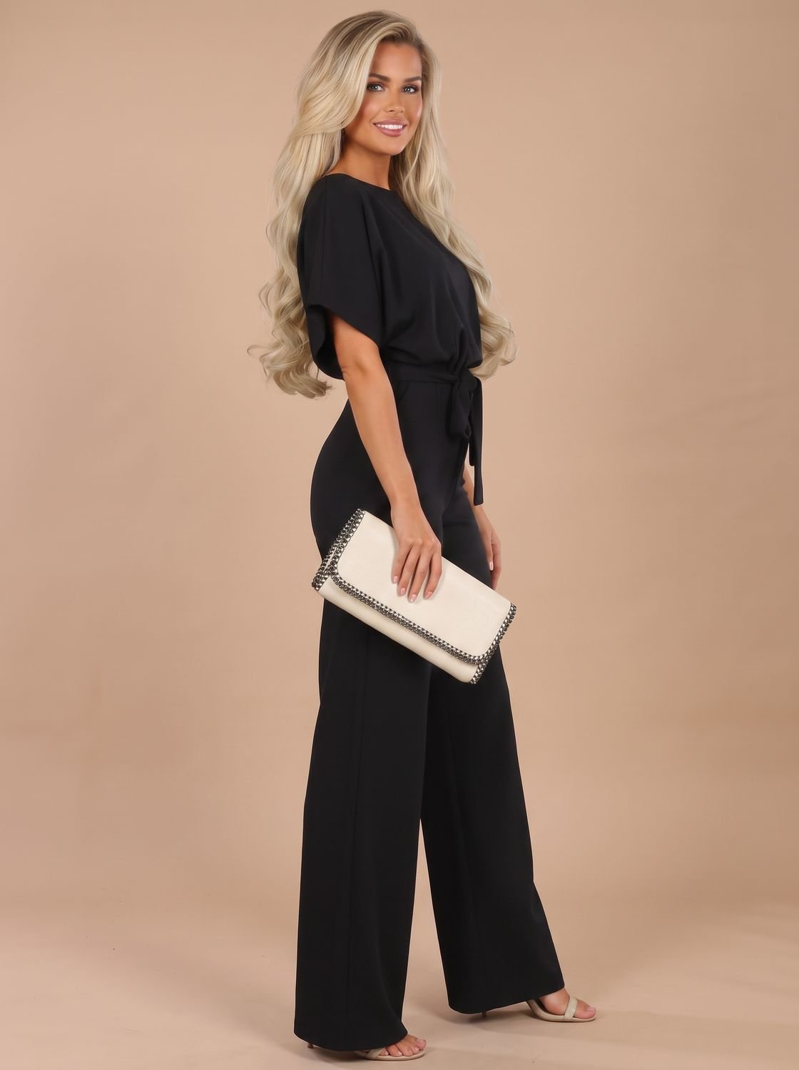 Women's Short-Sleeve Wide-Leg Jumpsuit with Tie Belt