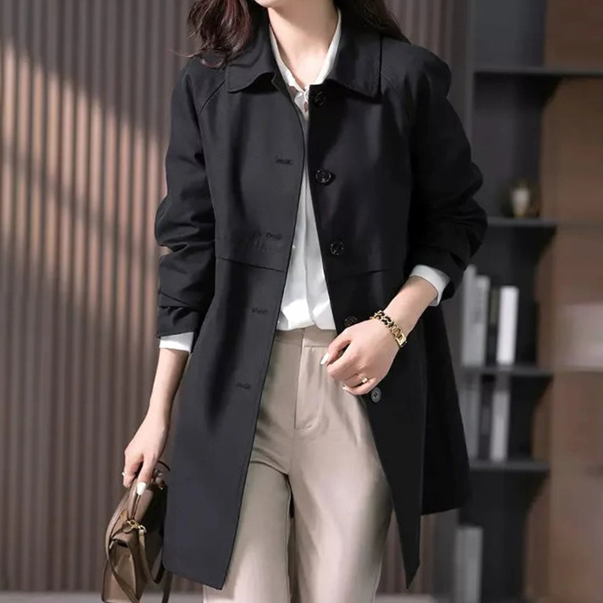 Women's Single-Breasted Longline Button-Front Trench Coat