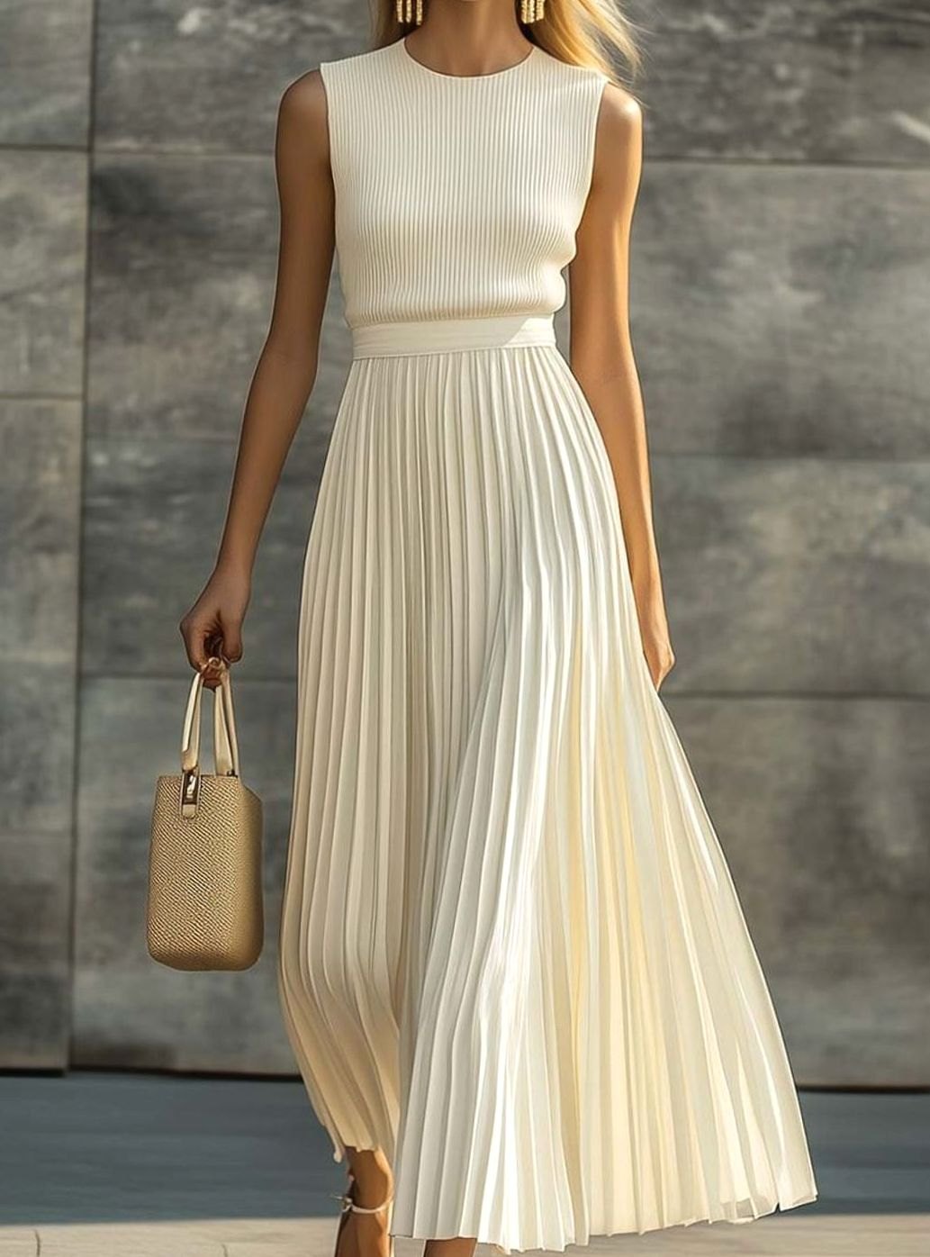 Women's Sleeveless Ribbed-Top Pleated Maxi Dress