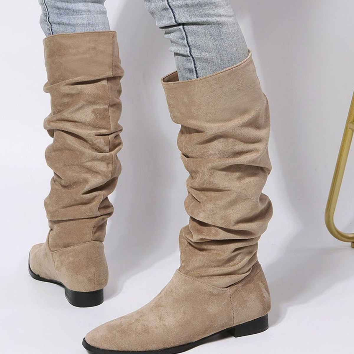 Women's Slouchy Knee-High Boots with Pointed Toe and Block Heel
