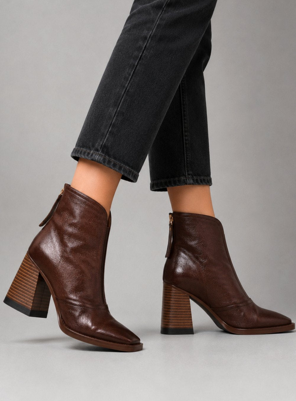 Women's Square-Toe Leather Block Heel Ankle Boots
