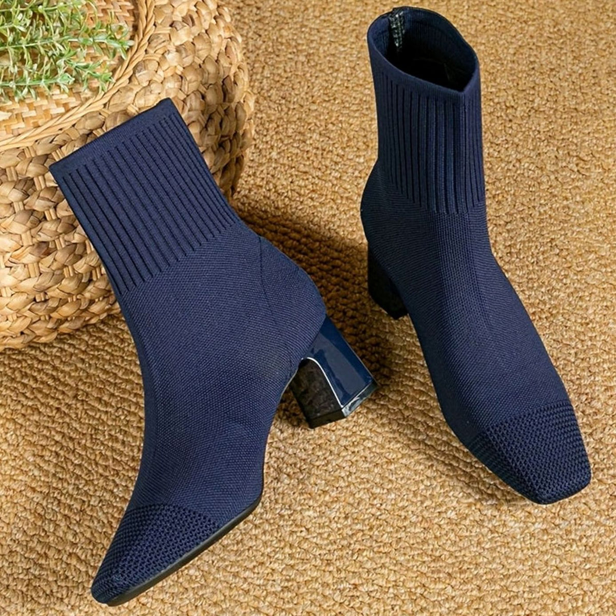 Women's Stretch Knit Square-Toe Block-Heel Ankle Boots
