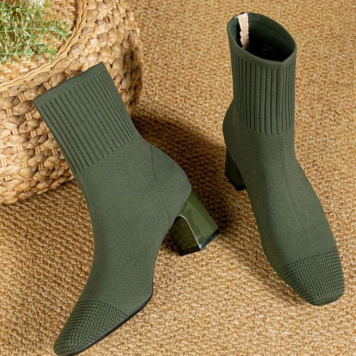 Women's Stretch Knit Square-Toe Block-Heel Ankle Boots