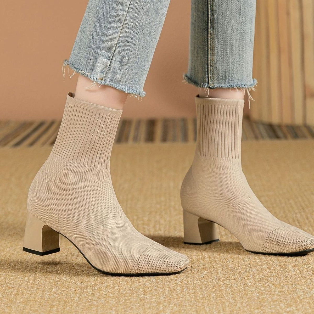 Women's Stretch Knit Square-Toe Block-Heel Ankle Boots